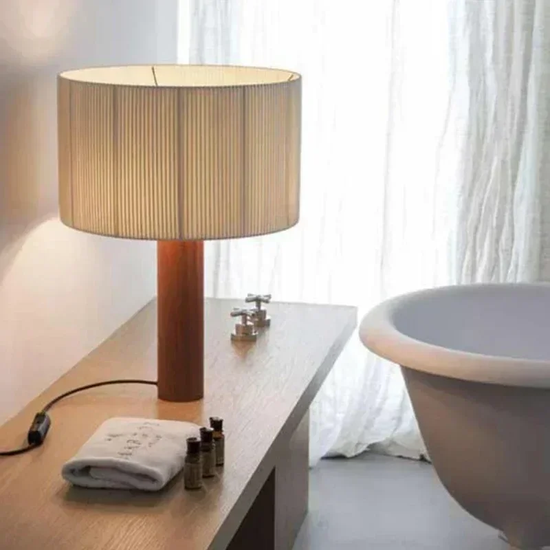 Fabric Table Lamp Vintage Minimalist Solid Wood Table Light Wabi-sabi Table Lamp for Living Room Bedroom Home LED Lighting