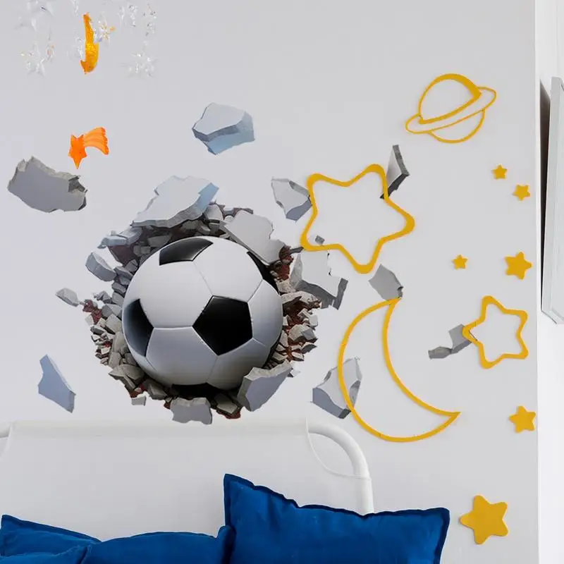 Soccer Break Through Wall Decals For Kids Room 3D Football Break The Wall Art Stickers Children Bedroom Sports Wall Decor Decals