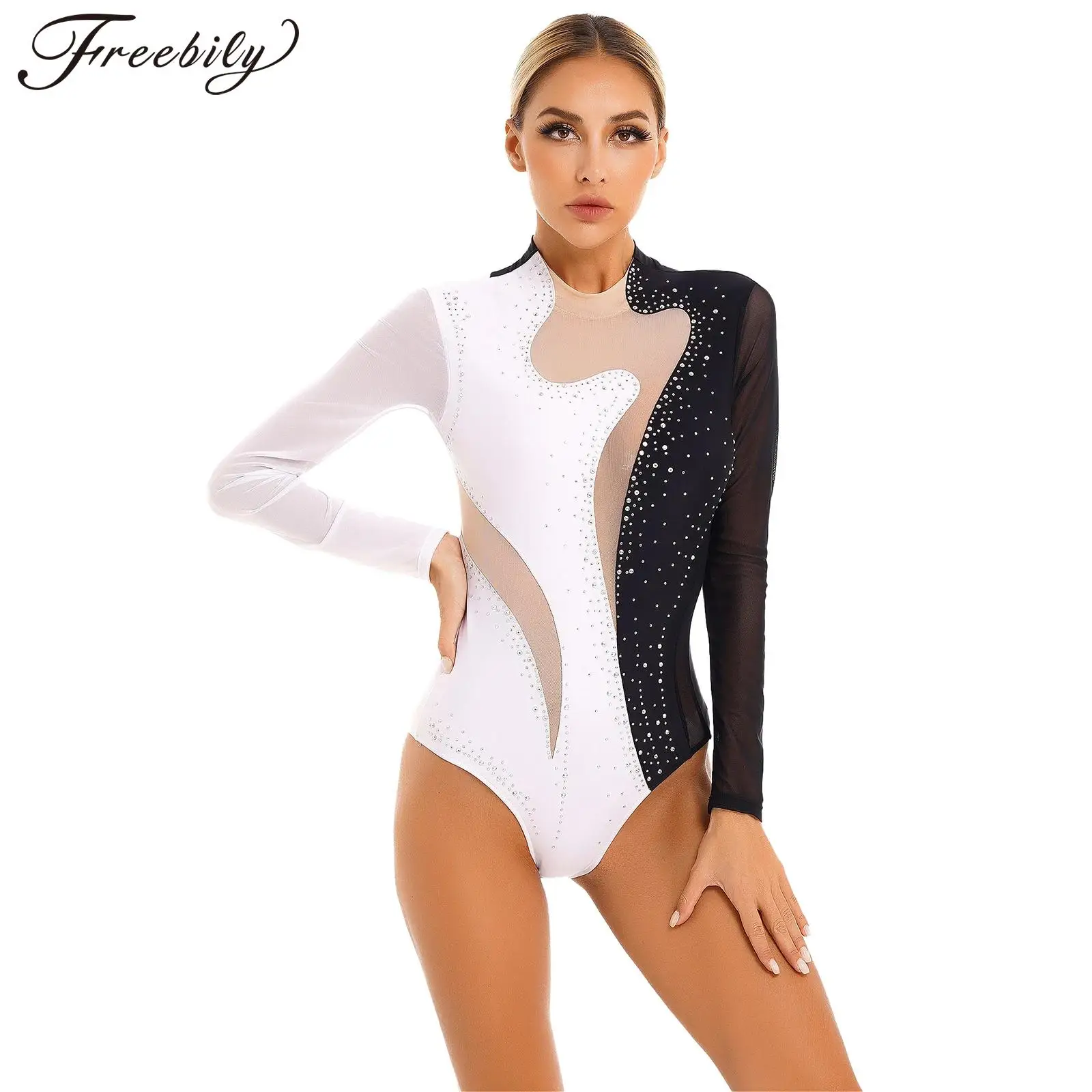 Ballet Leotard Womens Rhinestone Rhythmic Gymnastics Acrobatics Dance Bodysuit Figure Skating Jumpsuit Stage Dancewear