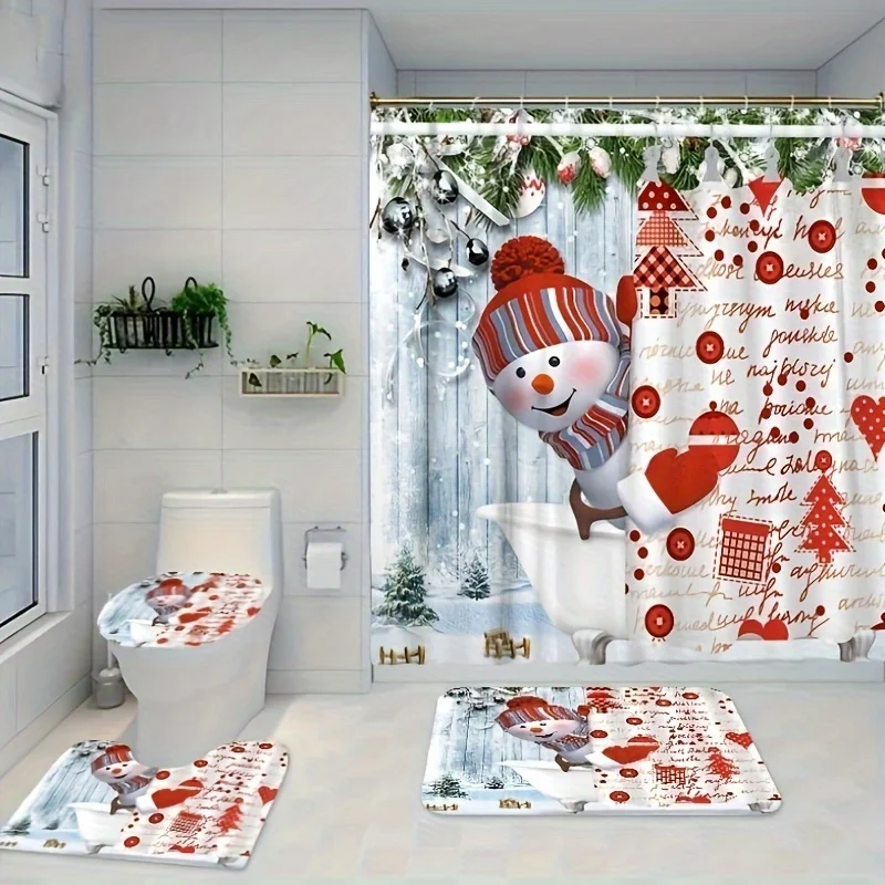 4pcs Snowman Pattern Bathroom Set, Waterproof Shower Curtain With 12 Hooks, Non-Slip Bath Rug, Toilet U-Shape Mat, Toilet Li