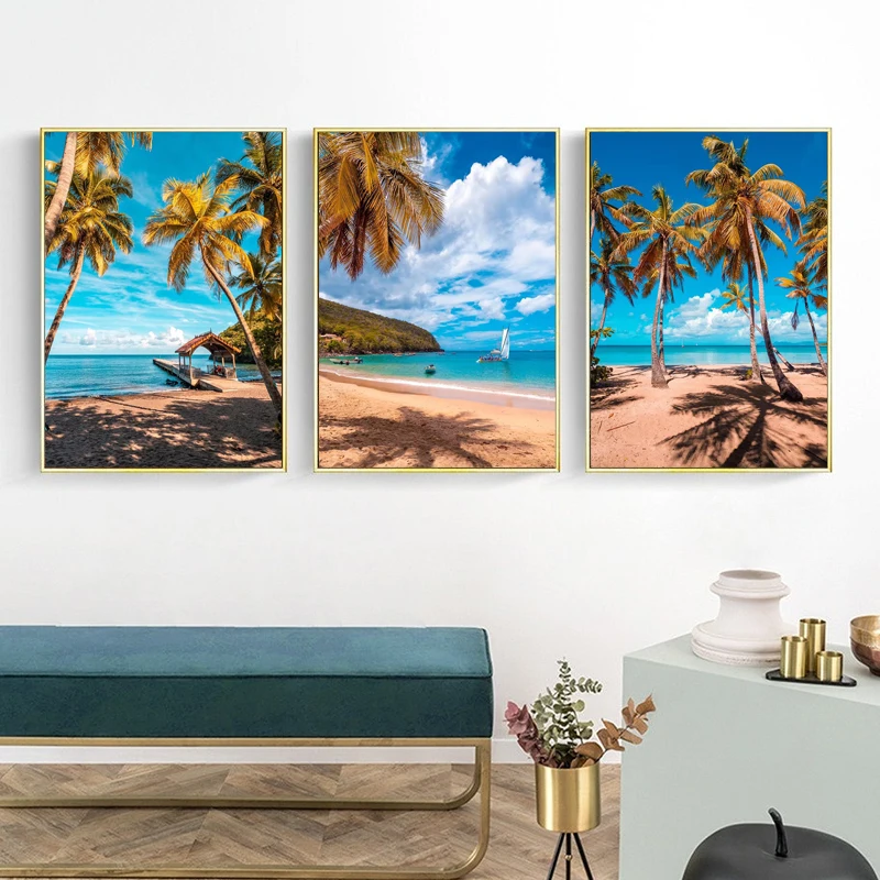 Vintage Blue Sky Ocean Beachside Island Martinique Life Poster Canvas Painting Fantasy Landscape Wall Art Room Home Decor