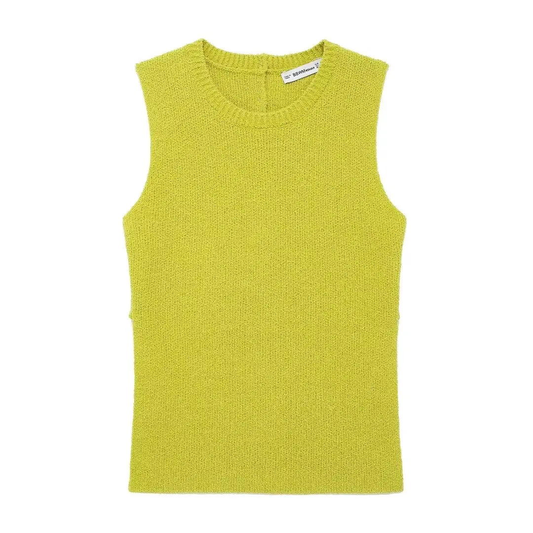 Top de malha feminino com botões traseiros, blusa chique sem mangas, cintura fina, gola em O, retrô, nova moda, 2022