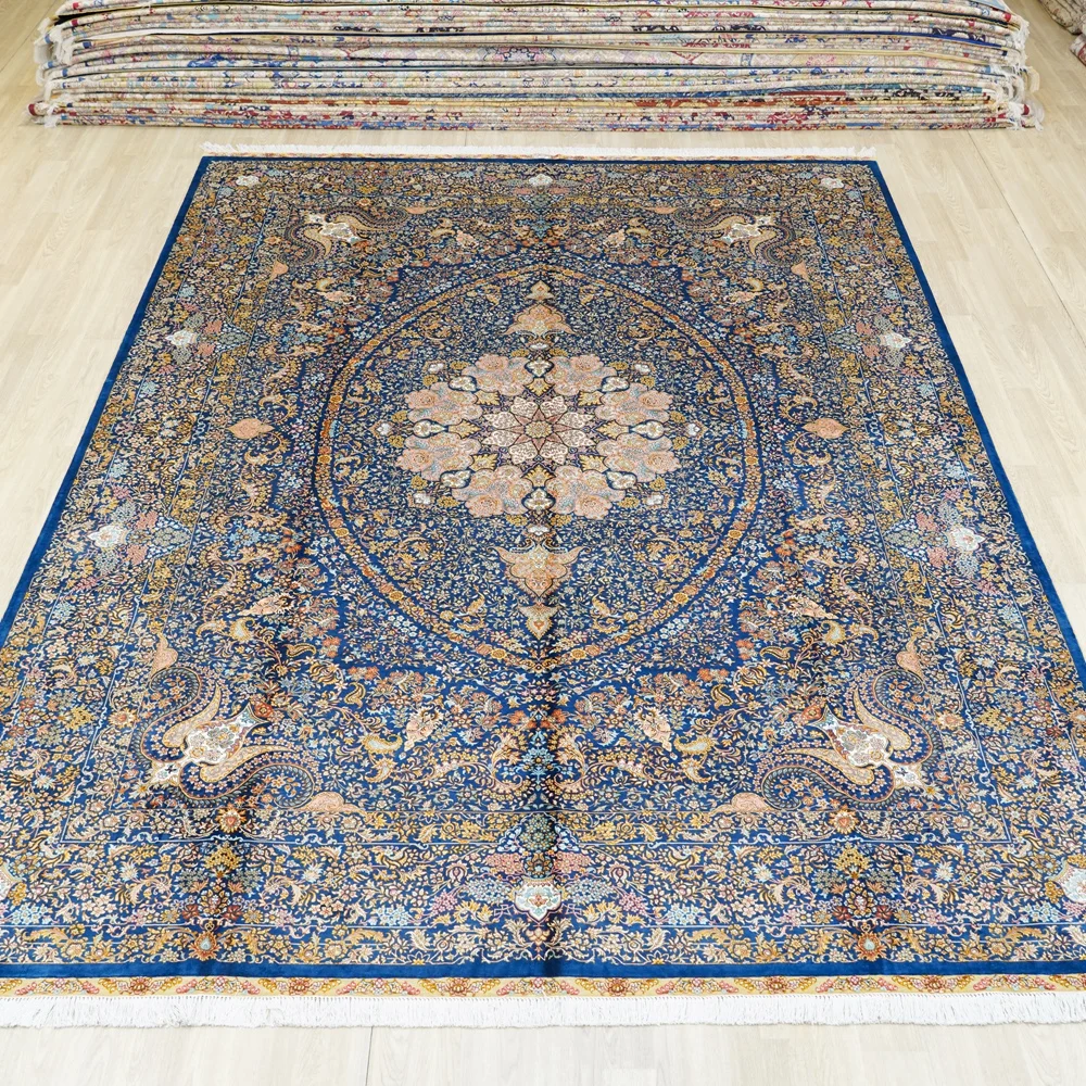 260x366cm Antique Classic Rug Large Blue Medallion Antique Persian Silk Carpet (TJ358A)