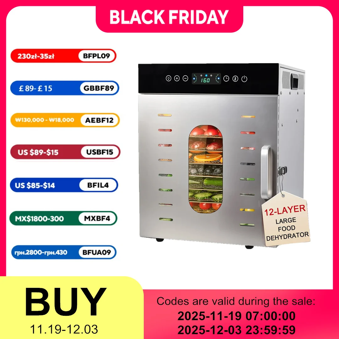 12트레이 상업용 및 가정용 식품 탈수기 |   스테인레스 스틸 304 |   1000W 산업용 등급 30~90 ℃   육포용 탈수기