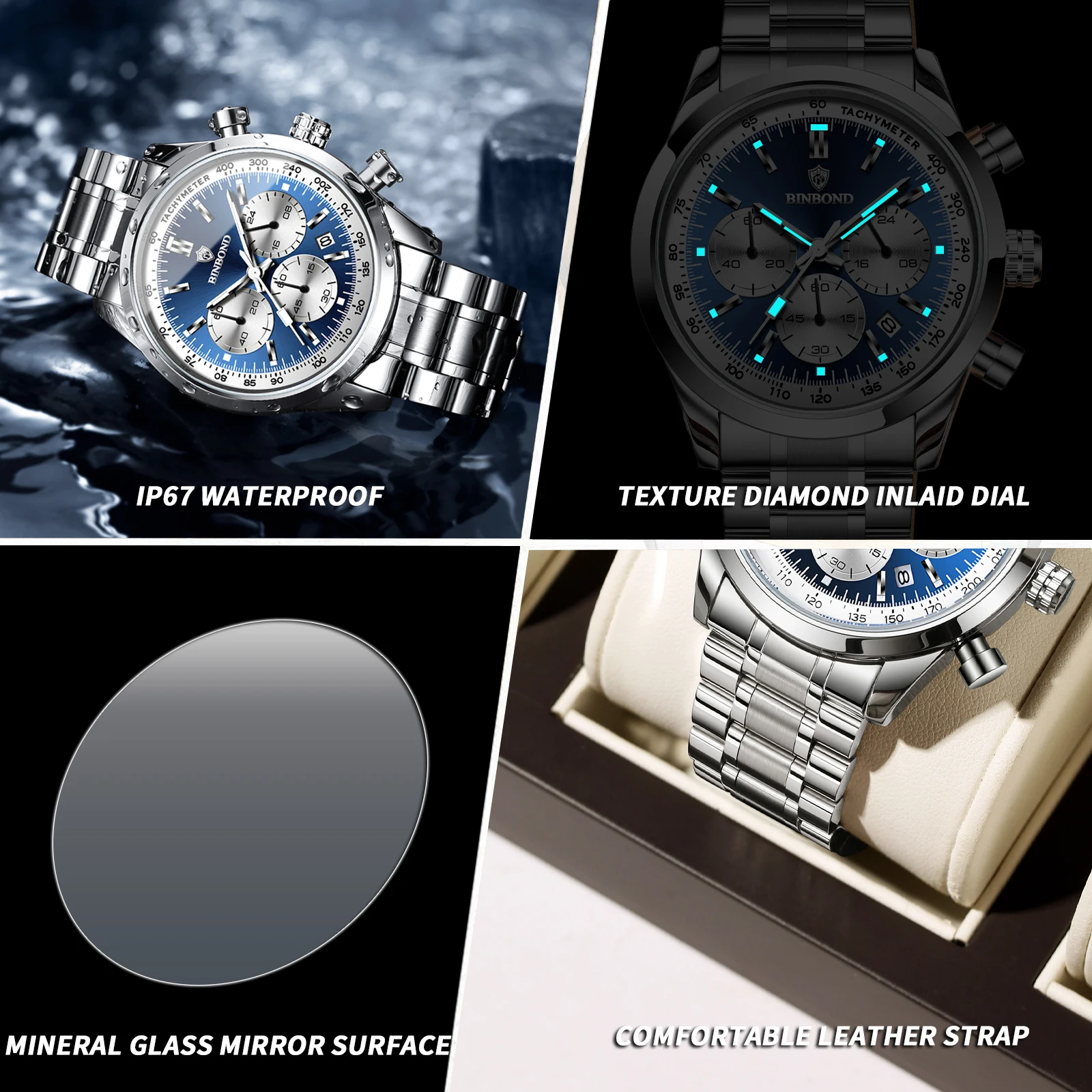 ساعات BINBOND من الفولاذ المقاوم للصدأ مقاومة للماء ومضيئة وتاريخ تلقائي ساعة يد عصرية للأعمال TimerLuxury ساعة كوارتز رجالية للرجال