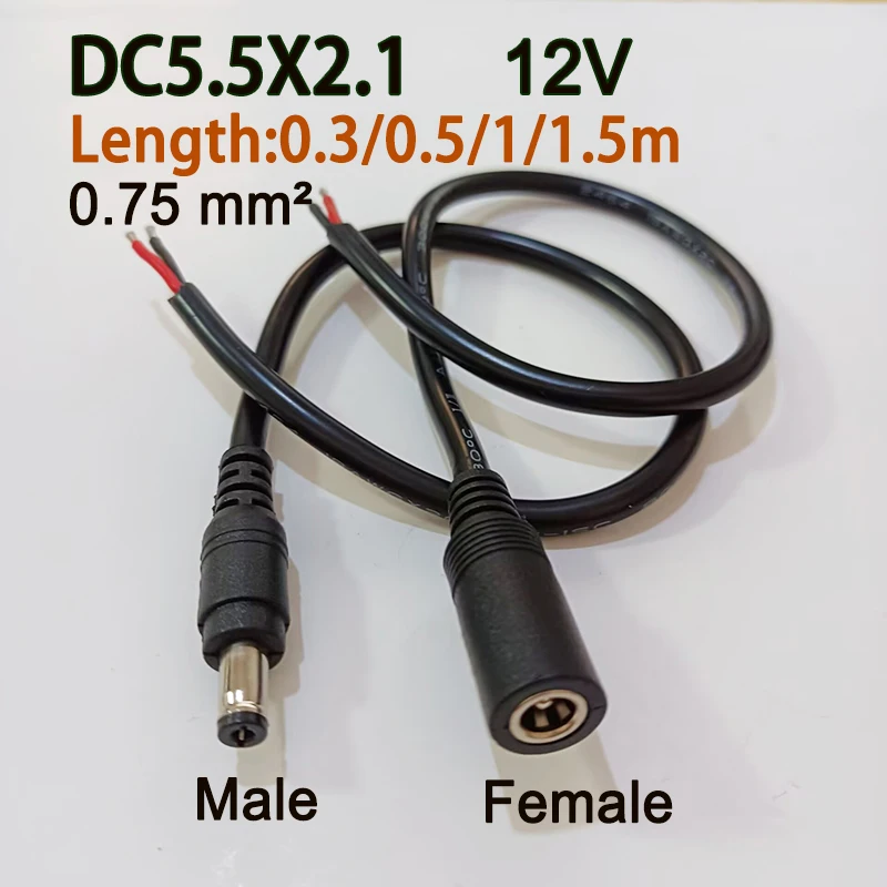 DC 5.5x2.1mm 12V Power Cable 0.75mm² Male Female Single Ended Solder Wire for Surveillance Camera