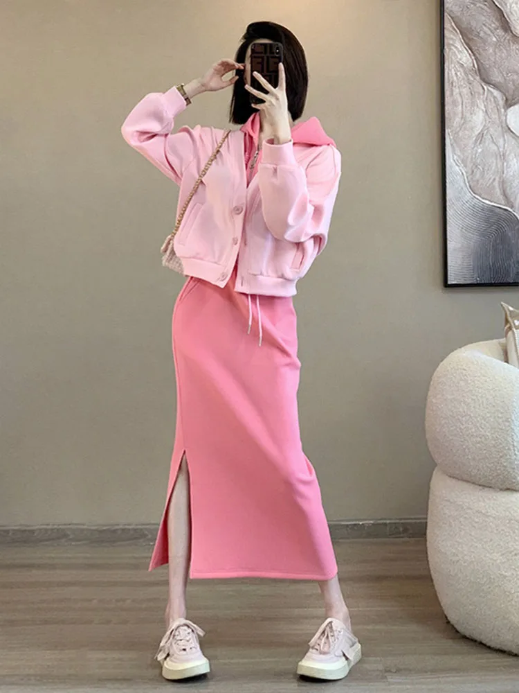 Early Autumn Fashion Set Pink Slim Fit Sweatshirt High Waist  Skirt Stylish Two Piece Set Women Casual Style Spring Winter
