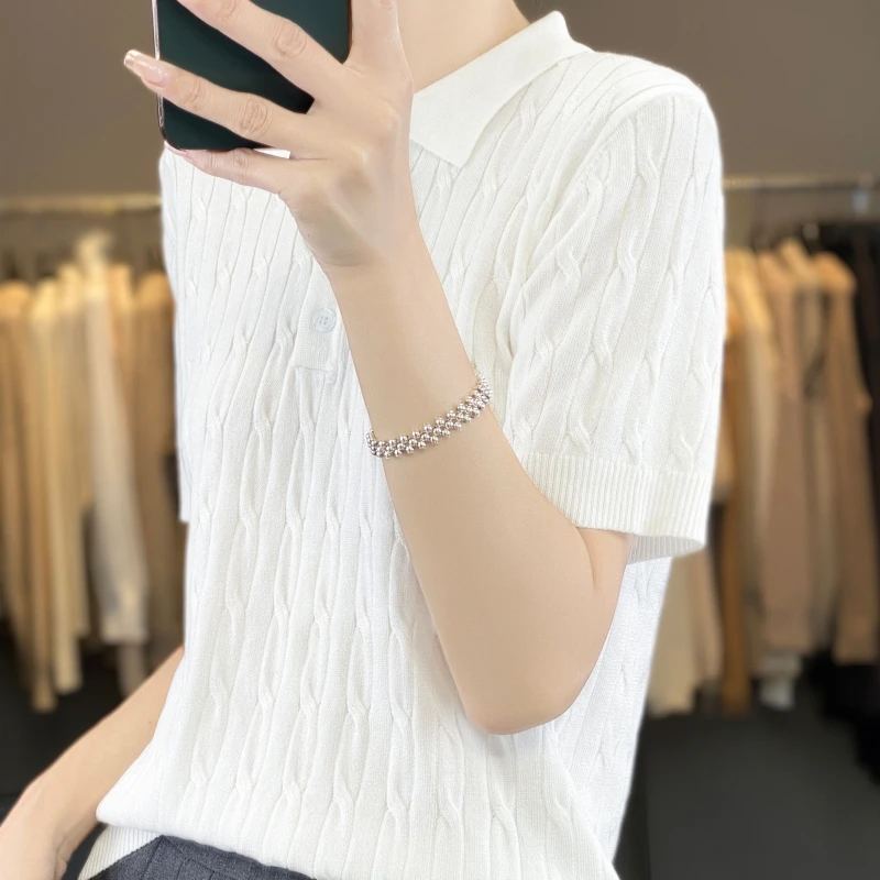 In summer, the new 100% pure wool knitted short-sleeved women\'s loose college polo neck basic sweater.