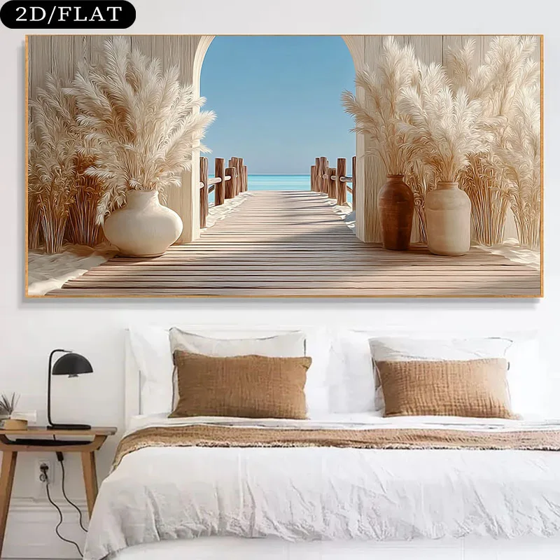 

2D Flat Mediterranean View Frameless Canvas Artwork, High-Quality Canvas, for Decor Walls in Living Rooms, Bedrooms, Porches