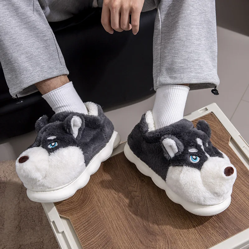 SHAJI Indoor Fluffy Slippers For Women Men Winter Warm Shoes Cute Cartoon Dog Light Weight Couples Home Floor Slipper