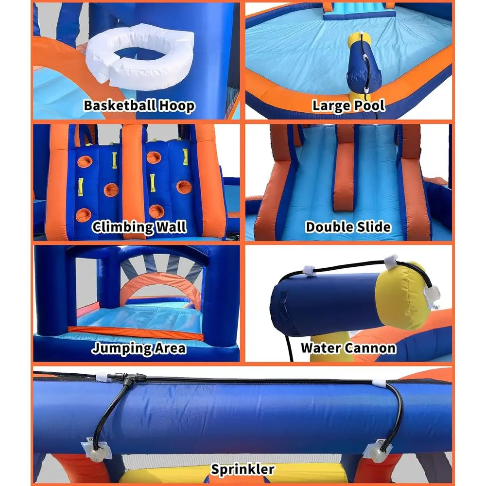 شرائح مائية قابلة للاستخدام في الفناء الخلفي للأطفال، منزل بارك مائي مع حوض سباحة كبير، جدار تسلق، منفاخ هواء