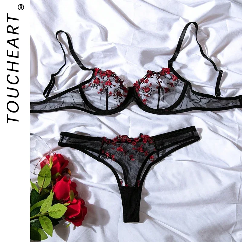 

Toucheart Sexy Lingerie Lace Suit Thong for Women Mesh See-through Patchwork Embroidery Sexy Adult Female Floral Print Underwear
