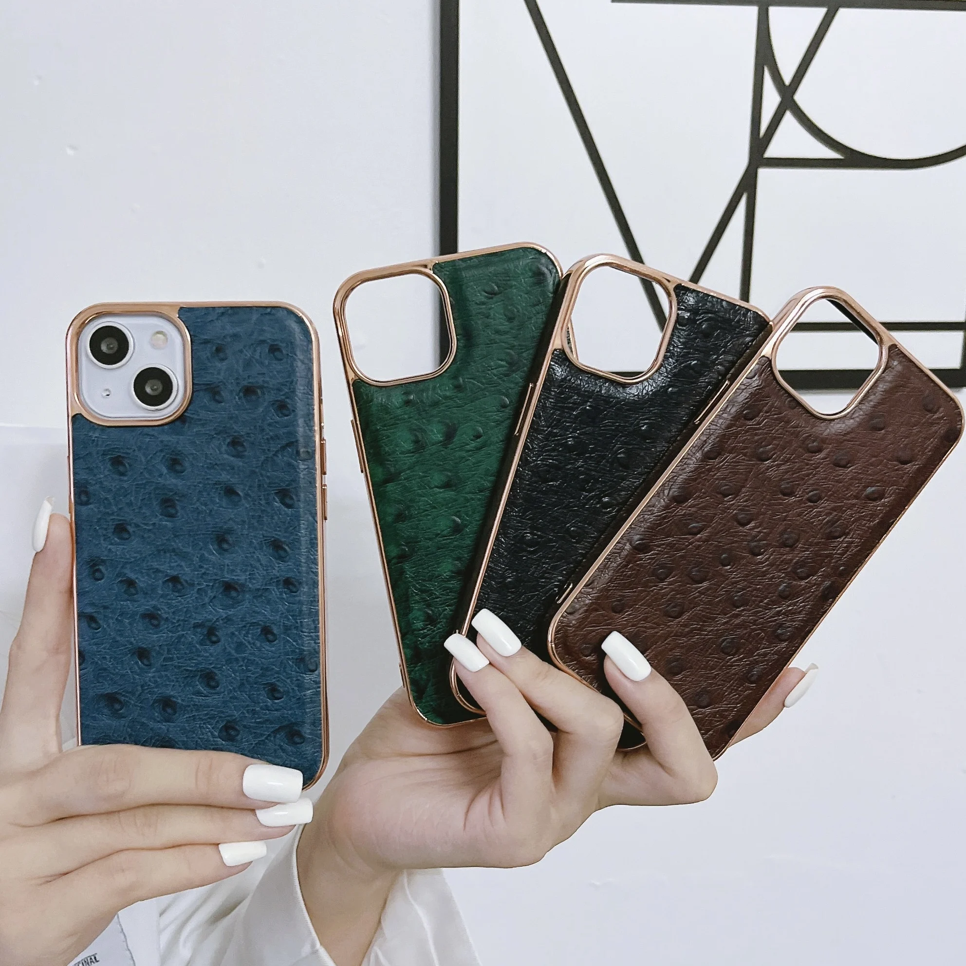 Luxury Genuine Leather Phone Case for Apple iPhone 15 14 Pro Max 13 Classic Ostrich Skin Pattern Glossy Frame Armor Back Cover
