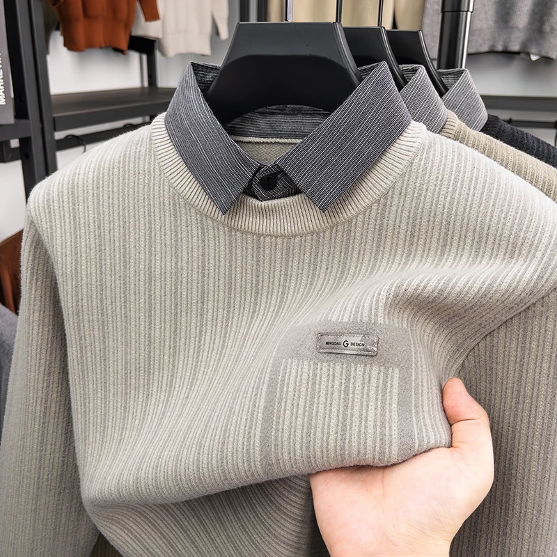 Men’s Knit Sweater Fake Two Piece Layered Design Long Sleeve Round Neck Pocket Detail Soft Fabric Casual Business Autumn Men’s