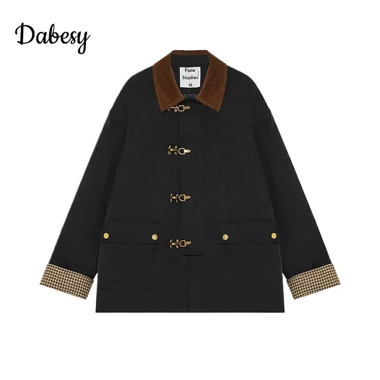 Vintage Corduroy Turn-down Collar Patchwork Jacket Coat Women Autumn French Design Metal Button Loose Parka Female Casual Outwea