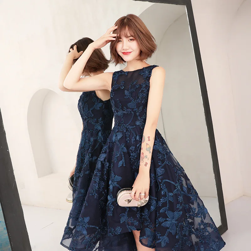 New Navyblue short front long back sleeveless lady girl women princess  bridesmaid banquet party party dress gown