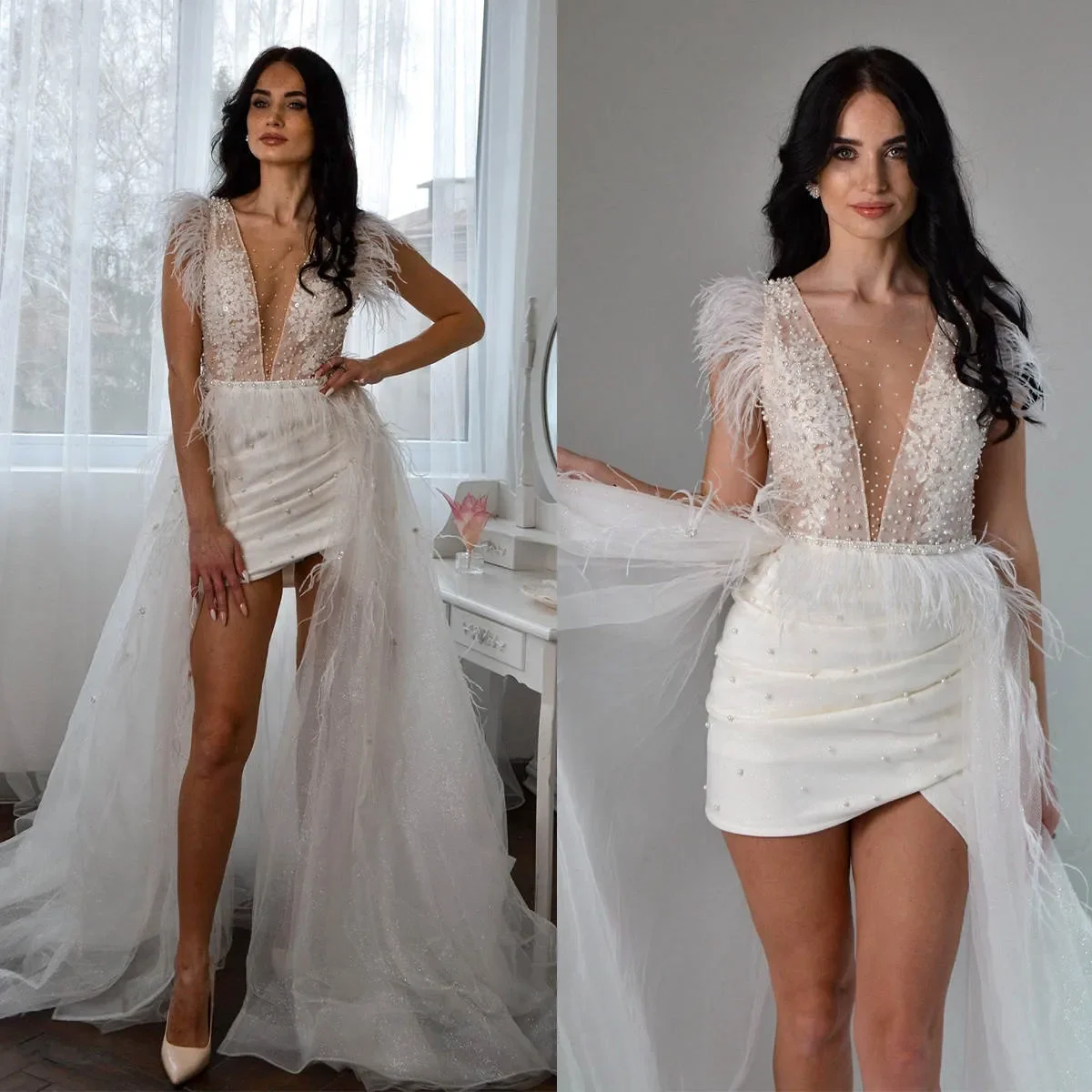 

Customized New Luxury Pearl Feather Princess Wedding Dress White Deep V-Neck Tight And Detachable Skirt Bridal Party Dress 2025