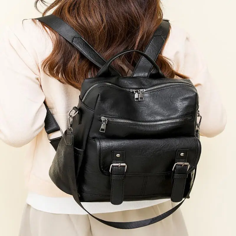 

Fashion Korean Leather Backpack, Large Capacity, Multifunctional, Waterproof, Shoulder Bag, Crossbody Bag, Multiple Pockets