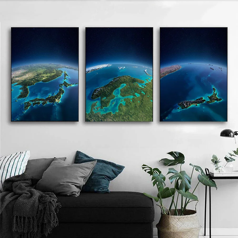 Looking At Europe Australia America From Space Real Earth Poster Canvas Painting Living Room Study Home Decoration