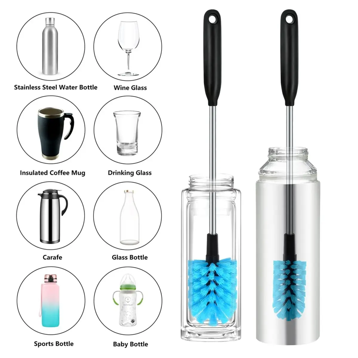 [Promotions]2-in-1 Stainless Steel Brush, Long Handled Water Bottle Brush Multi-Purpose Cleaning Tool Removable Brush Heads view 4