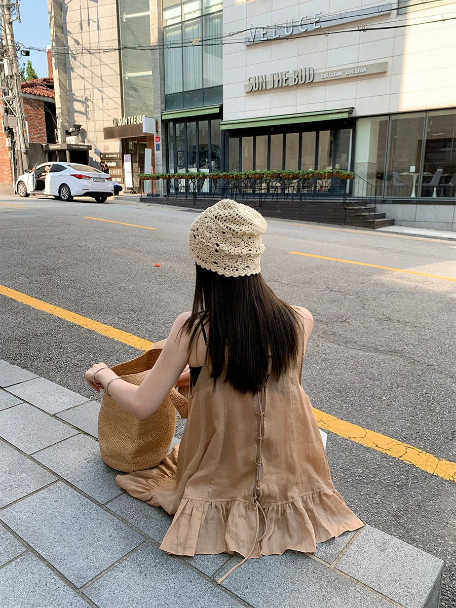 

Dazaige Summer New Women's Svel Vest Doll irt Linen V-Ne Ba Strapl Gown Faionable Bell Sve Top