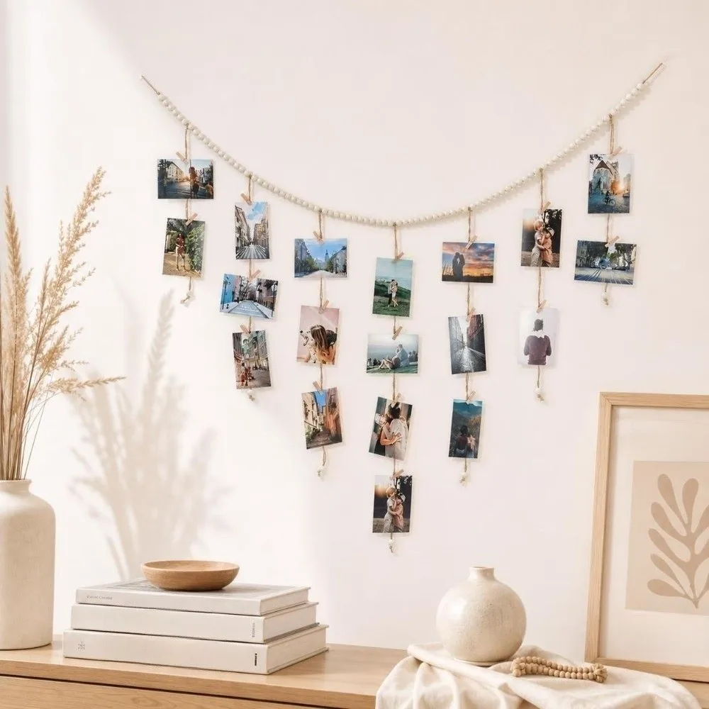 Nordic Style Hanging Photo Display Minimalist Decorative Picture Hanging String DIY Wooden Bead Garland Wall Art Decor