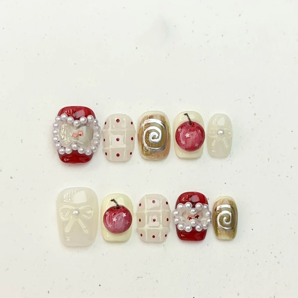 Kawaii Short Square Round Handmade Wearable Press On Nails Diamond Bowknot Stars Pearl Flower Cherry Snowman Tree False Nails
