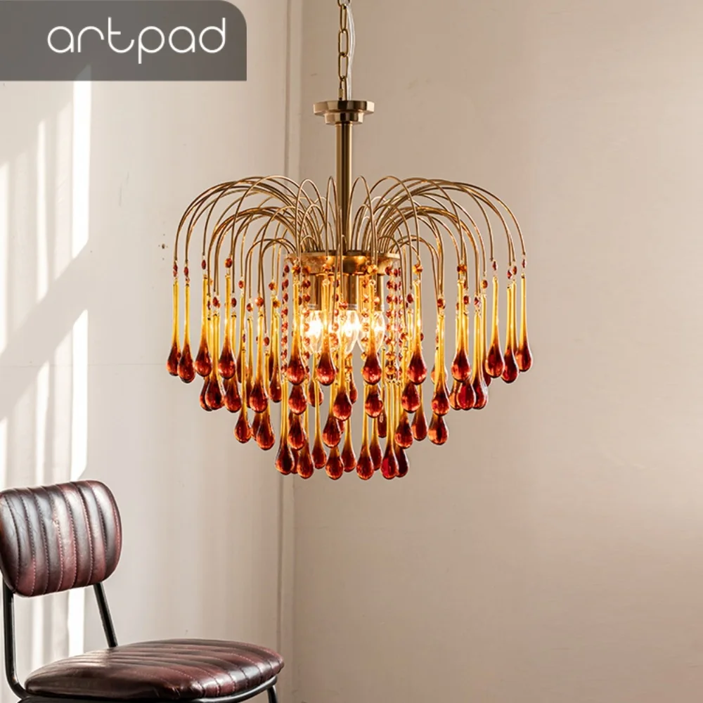 Artpad Retro French Branch Colorful Crystal Chandeliers for Living Room Romantic Raindrop Coloful Crystal Hanging Pendant Light