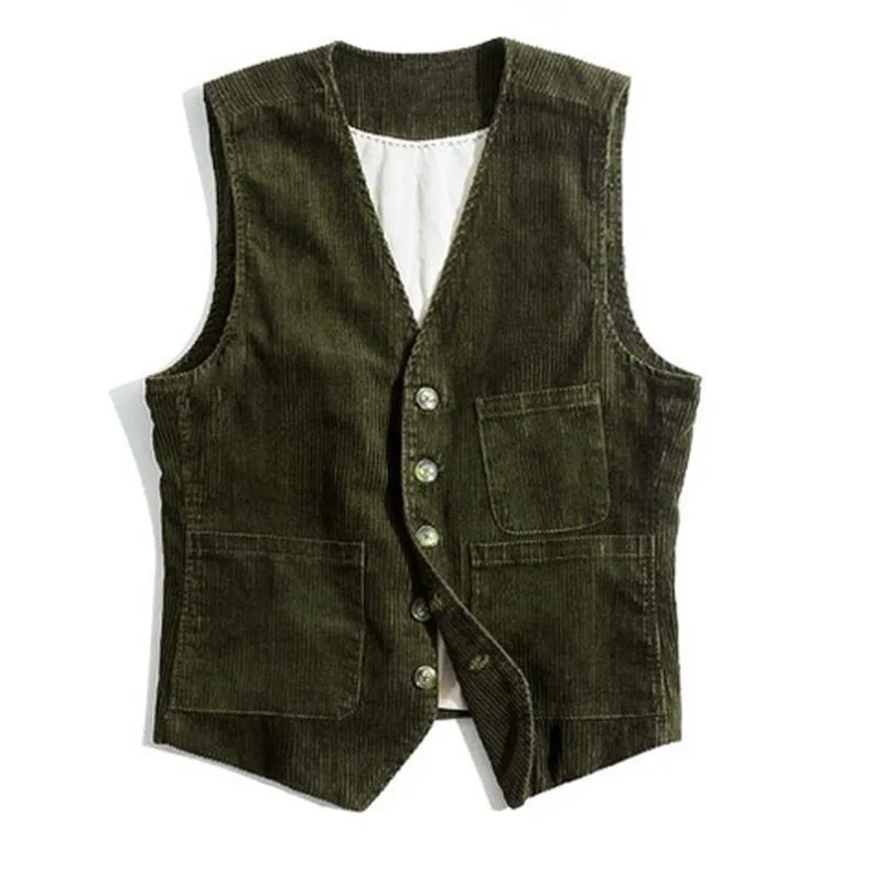 Cross-border men's spring and autumn retro corduroy workwear vest vest pocket stitching solid color single-breasted British jack