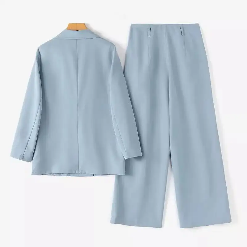 Two Pieces Pant Suits Solid Casual Women Blazers Notched Neck Long Sleeve Single Button Top Elastic Waist Wide Leg Pants  Autumn