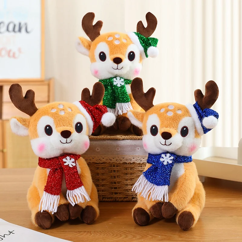 

Kawaii Christmas Elk Plush Toys Stuffed Cartoon Sitting Pose Scarf Deer Doll Pretty Party Decor Lovely Xmas New Year Gift