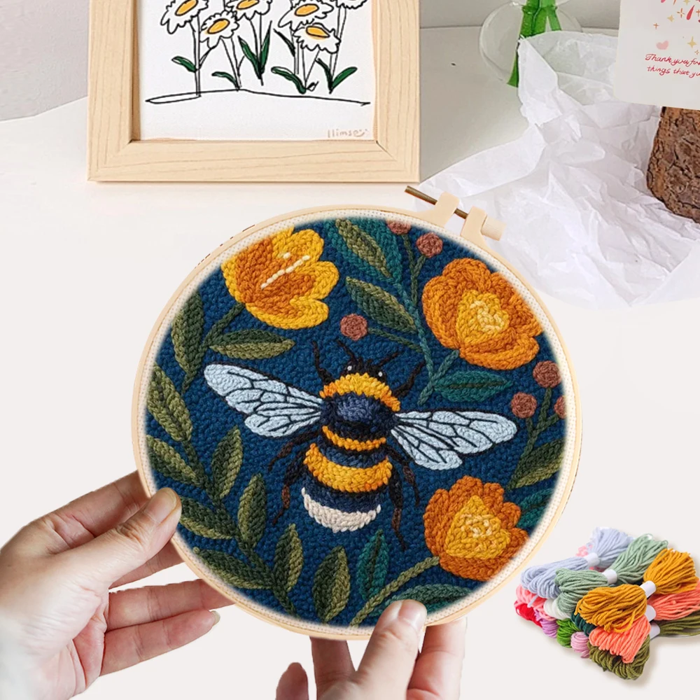 Bee Punch Needle Kit Home Decor Hobby Kits For Adults Animal 20x20cm Punch Needle Kit For Beginners Modern Fun Crafts For Adults
