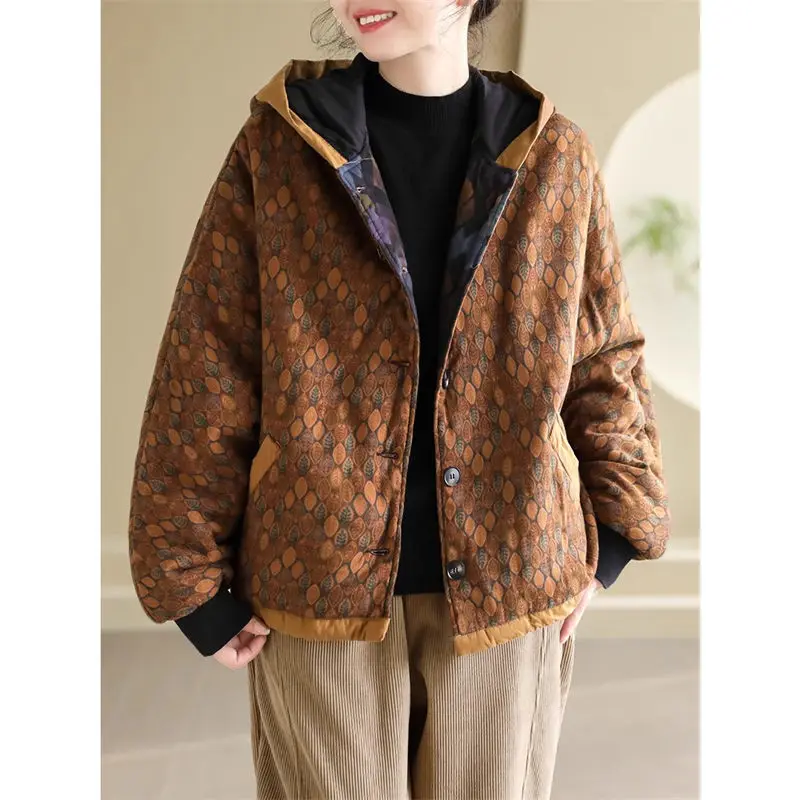 Original Literary And Artistic Cotton Jacket Thickened Women\'s Loose Retro Color Printing Warm Hooded Casual Quilted Coat Z4146