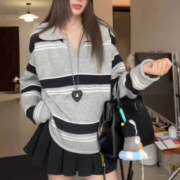 Damesgebreide kleding Herfst 2025, Dongda Gate Retro Lazy Sle Veelzijdig Faionable High-End Feel Gestreepte top met kraag Lang Sve