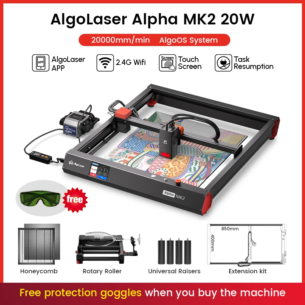 400X850MM Large Area Alpha MK2 20000mW Laser Engraving Machine with 3.5 inch Touch Screen  DIY Laser Cutter for Custom Design