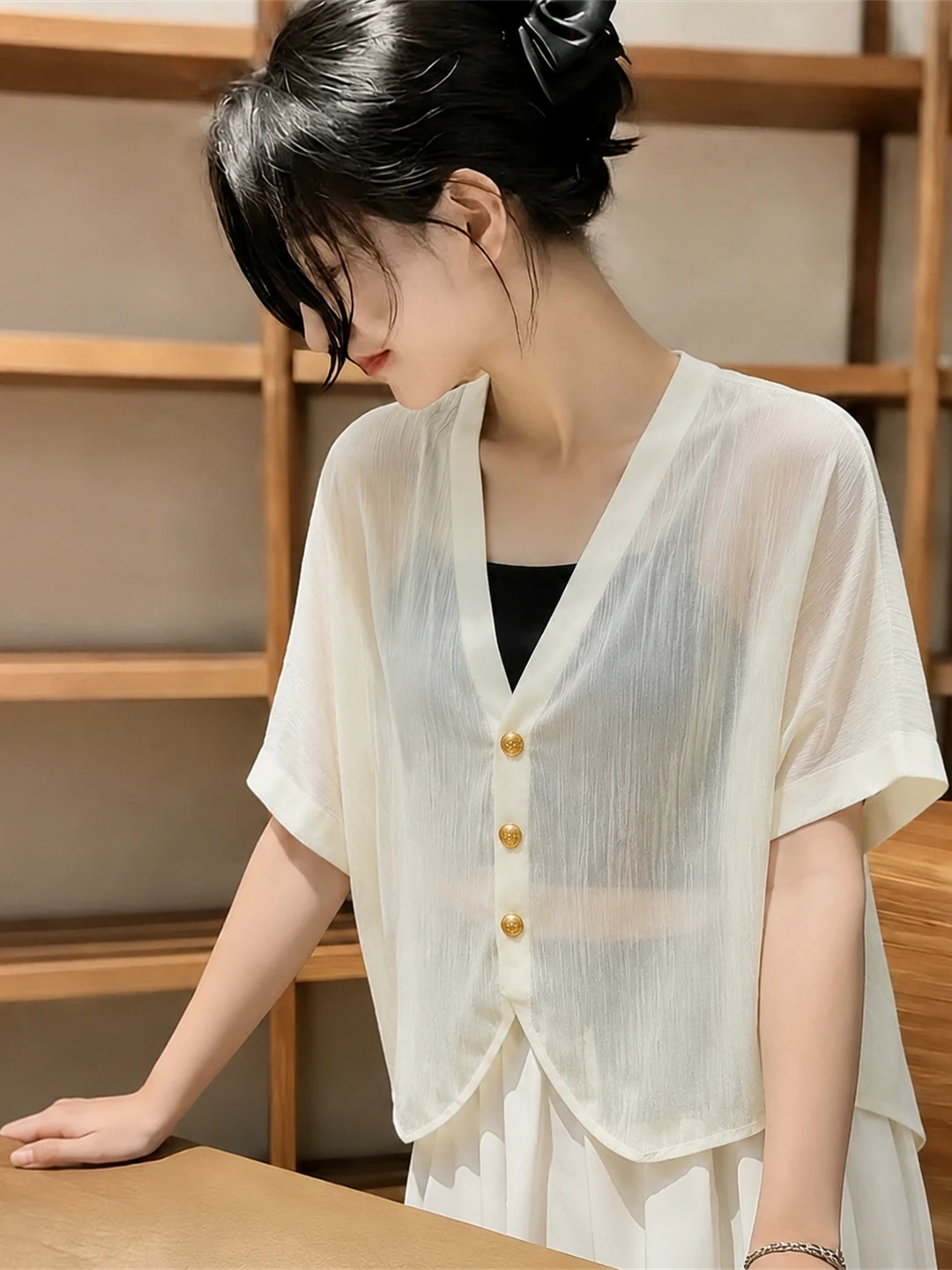 Slimming Loose Short Sleeve V-Neck Transparent Breathable Summer Fashion Lazy Style Sun Protection Top Single Button Women's ...