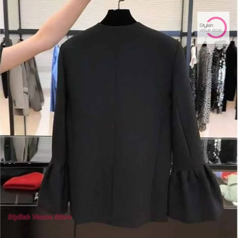 Korean-style high-end European V-neck suit jacket female spring and autumn niche texture high sense small fragrance black top
