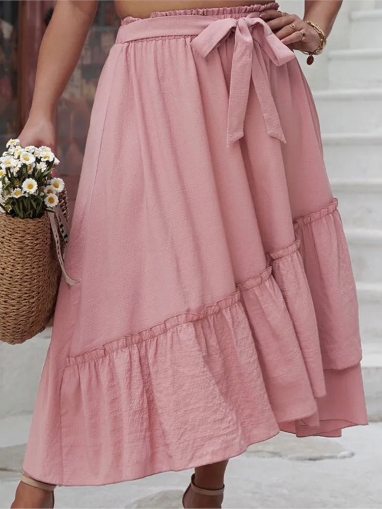 Plus Size Elastic High Waist Spring Long Pink Skirts Women Irregular Pleated Patchwork Fashion Ladies Skirts Casual Woman Skirts