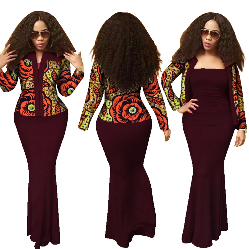 Bintarealwax African 2 Pieces Set for Women New Style Dashiki Crop Top Long Dress Suits Plus Size Traditional Clothing WY1313