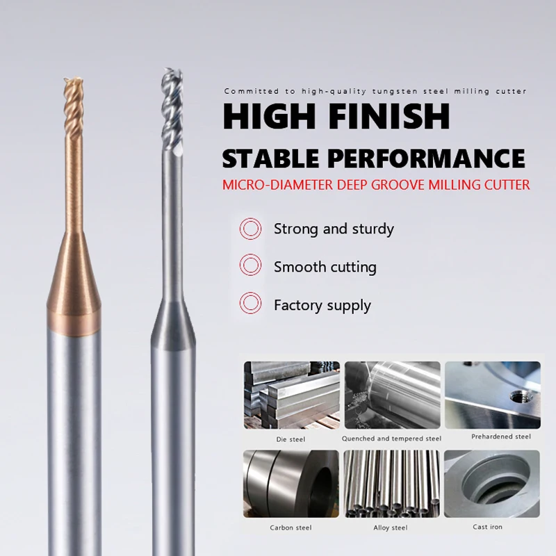 Micro Corner Radius End Mill With Long Neck 0.3-2.5 Mini Carbide CNC Cutting 2 3 4 Flutes 4 Shank Machine Cutter Tool Router Bit