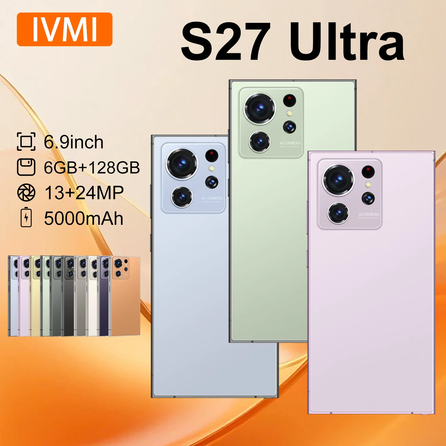 هاتف IVMI S27 Ultra الذكي غير المقفل، 6 جيجابايت + 128 جيجابايت، أندرويد 12، ميزة التعرف على الوجه الأصلية، شبكة 4G، هواتف محمولة عالمية رخيصة وعالية الجودة