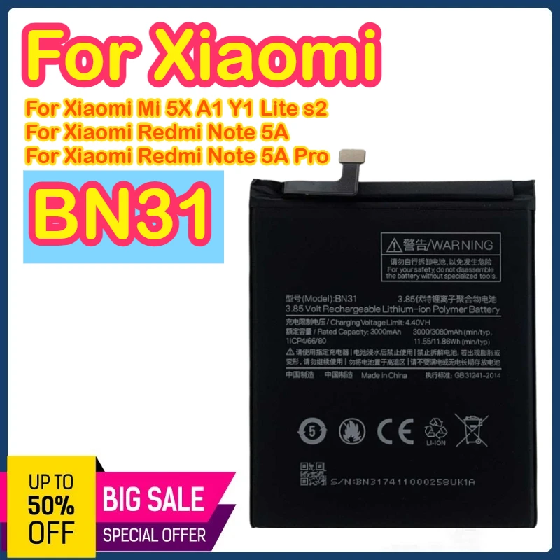 

Аккумулятор BN31 3080 мАч 3,8 В для Xiaomi Redmi Note Mi 5X A1 Y1 Lite S2 Note 5A Pro Note 5, аккумулятор BN31