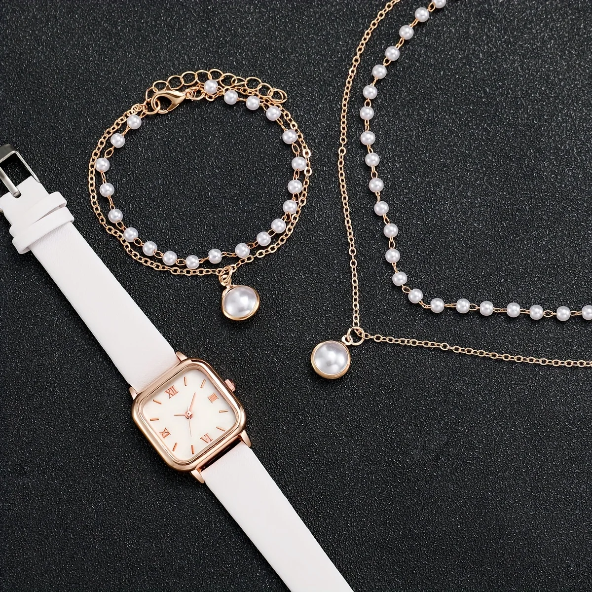 3 teile/satz Frauen lässig quadratischen Zeiger Quarzuhr analog pu Leder Armbanduhr & Kunst perlen Schmuck Set, Geschenk für Mama sie