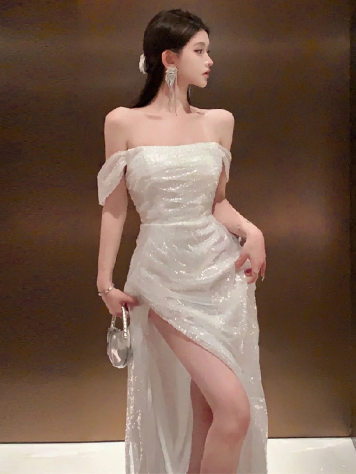 

High-Enlamorous iny Evening Gown Dres Leg Waist Cinch Slimming Long Year-end Corporation Formal Ocns A-li...