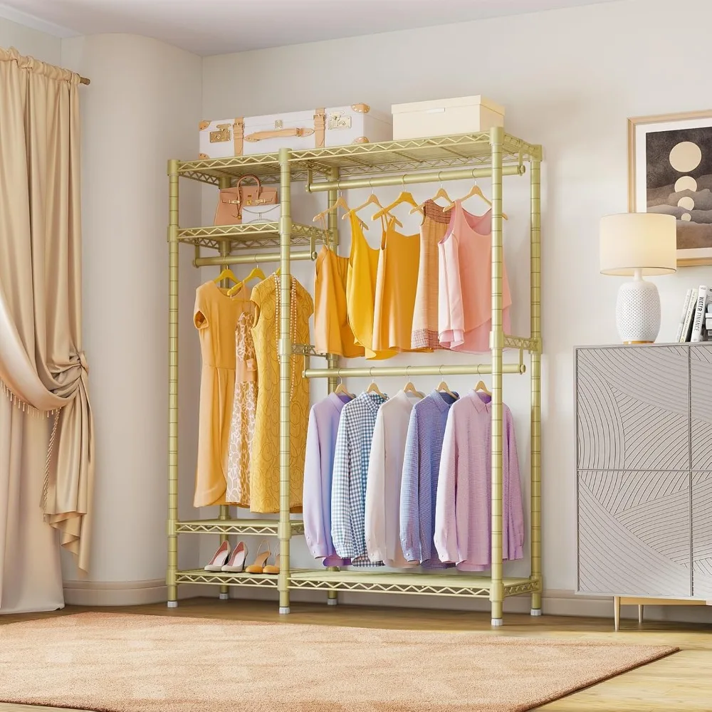 Estantería de alambre de 4 niveles resistente para ropa con 3 varillas para colgar, organizador de armario de metal independiente compacto para una almacenamiento eficiente