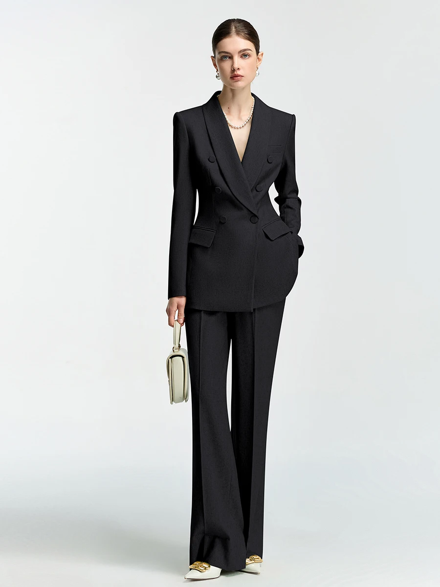 

Elegant Double-Breasted Professional Suit Set Women's Autumn Fashion Commute British Style Wide Leg Pants Two-Piece Set