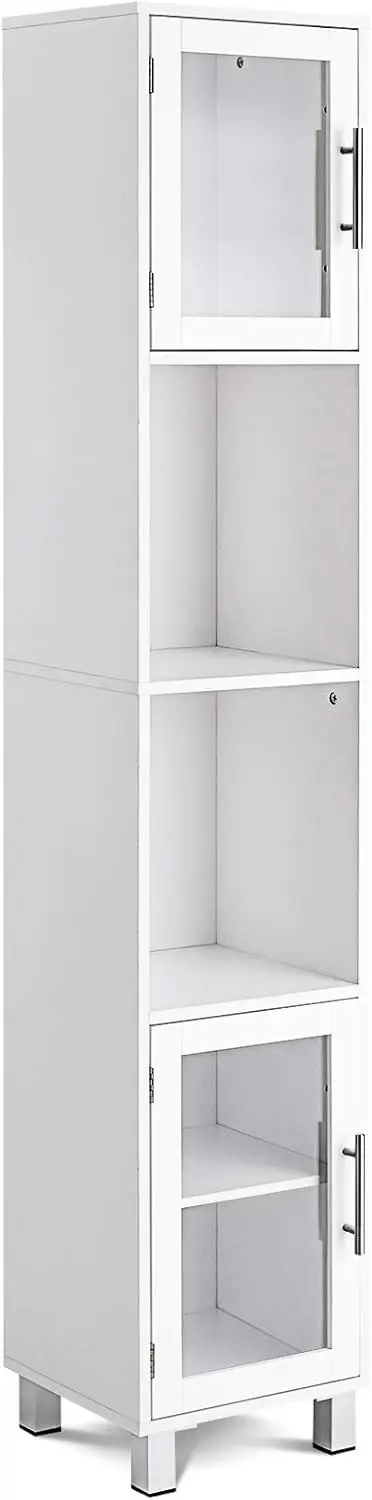 Bathroom Tall Storage Cabinet, Kitchen Floor Cabinet with 2 Open Shelves and Storage Compartments with Tempered Glass