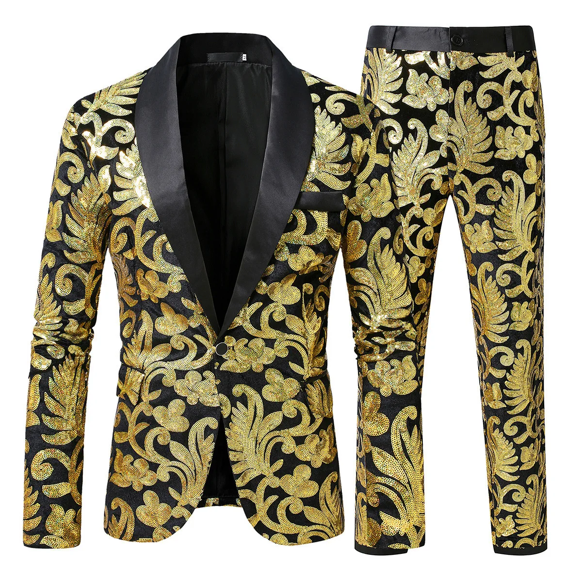 

Formal Men's Wedding Suit Sequin Embroidery Blazer Pants Set Gold Red Glitter Nightclub Party Singer Host Stage 2 Piece Suits