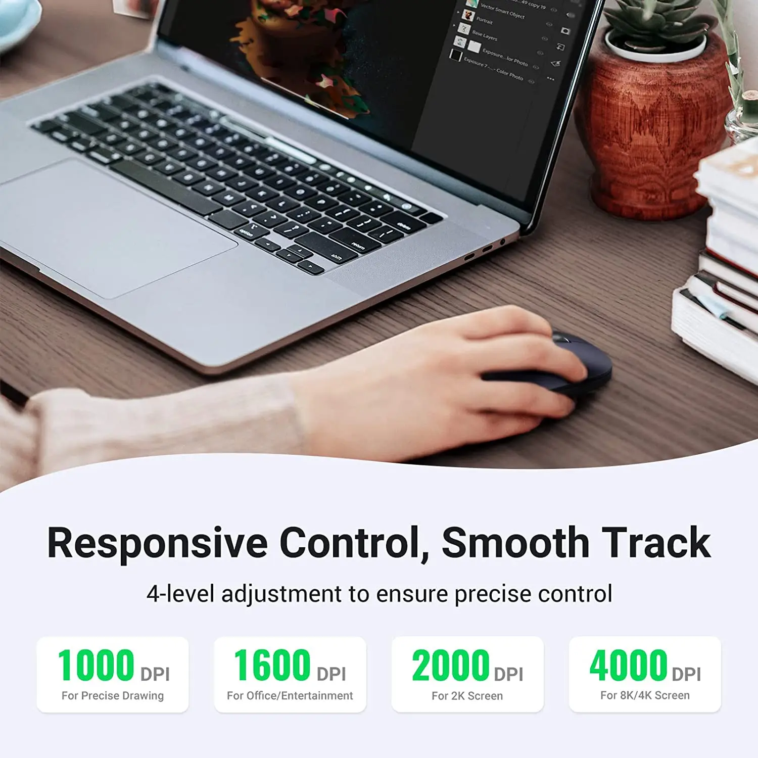 UGREEN 무선 마우스 2.4G 무소음 컴퓨터 마우스 (USB 수신기 포함), 초슬림 광학 무선 마우스