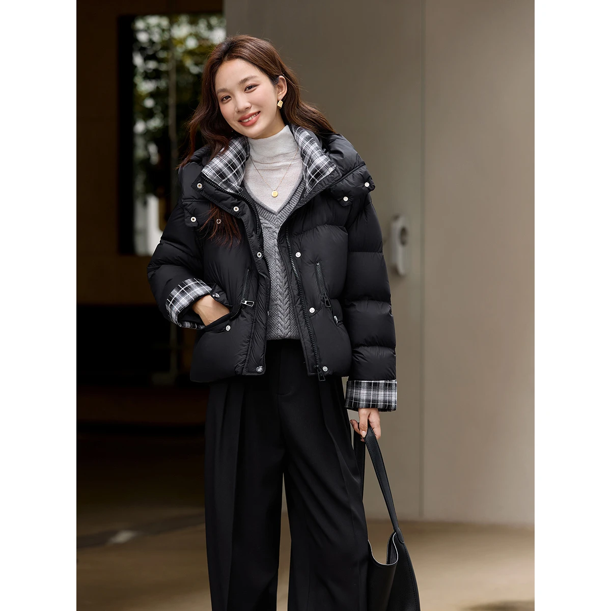 VIMLY レディース ブラック ダウンコート オフィスレディ チェック柄 スプライス カフス フード付きコート 冬 2025 ジップアップ 長袖 女性用ジャケット 50859